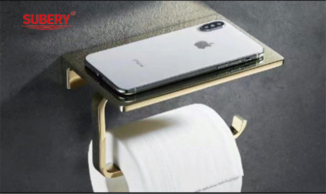 壁に固定された亜鉛 トイレットペーパーホルダー ティッシュホルダー ロールペーパーホルダー 携帯電話棚付き 金色